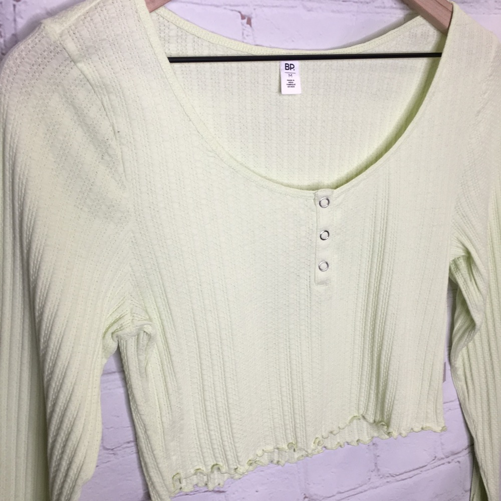BP Lime Cropped Long Sleeve Ribbed Henley Top Size Medium - Picture 5 of 8